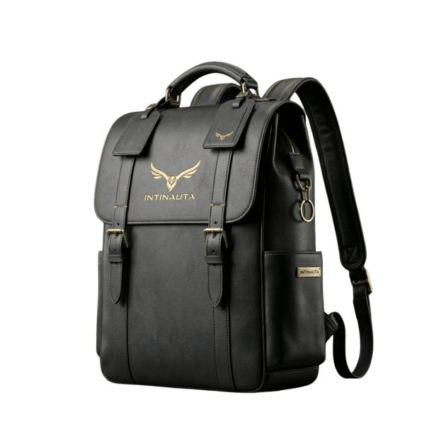 Black Intinauta backpack with gold details and premium finish.