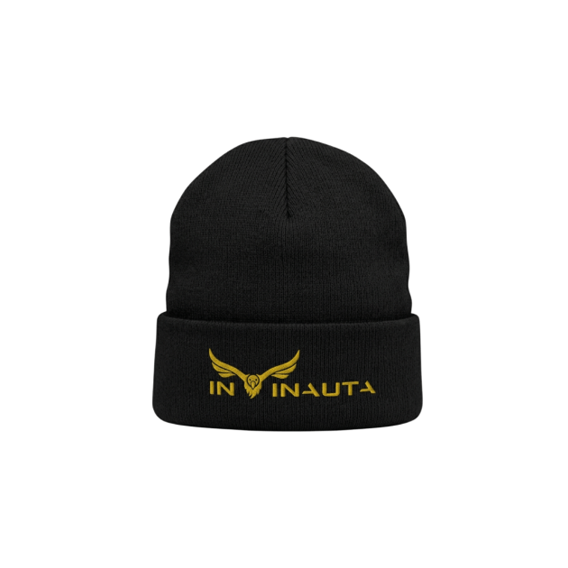 Black Intinauta beanie with gold front logo.