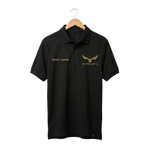 Black Intinauta polo shirt with white logo and personalized name detail.