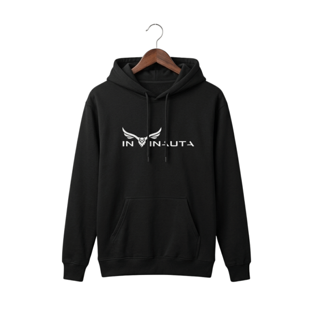 Black Intinauta hoodie with white front logo.