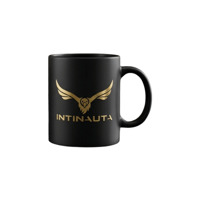 Black Intinauta mug with gold logo.