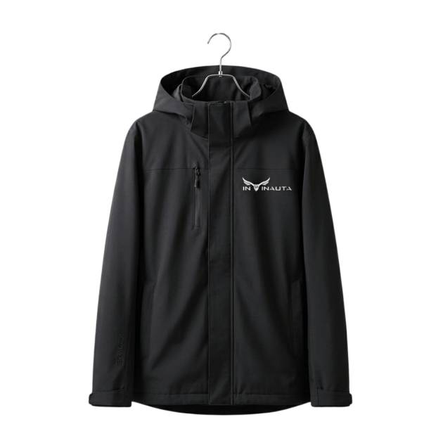 Black Intinauta hooded technical jacket with minimalist white branding.
